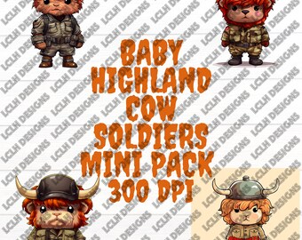 Baby Highland Cow Soldier mini pack, 300 DPI, PNG, Mini Bundle, Sublimation, Design, Halloween, Baby Highland Cow Soldier, Soldier