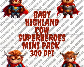 Baby Highland Cow Superhero mini pack, 300 DPI, PNG, Mini Bundle, Sublimation, Design, Halloween, Baby Cow superhero, Cape, Mask