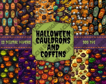 Halloween Cauldrons and Coffins, Cauldrons, Coffins, PNG, 300 DPI, Seamless Pattern, Deluxe Digital Paper, Bundle, Digital Download