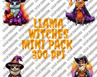 Llama Witches mini pack, 300 DPI, PNG, Mini Bundle, Llama, Sublimation, Design, Halloween, Llamas in witch costumes, Halloween Llamas