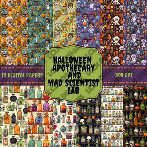May include: Twelve digital papers featuring a Halloween apothecary and mad scientist lab theme. The papers feature a variety of illustrations, including potion bottles, skulls, and scientists. The papers are 300 DPI.