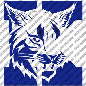 May include: A white silhouette of a snarling wildcat's head with black eyes and a blue background.