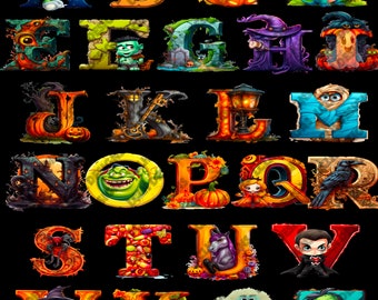 Halloween Alphabet Set, Sublimation, PNG, 300 DPI, Teacher, Monster Letters, Alpha Set, Illustrated Letters, Halloween Letters