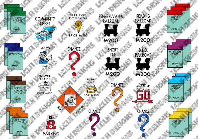 May include: A colorful illustration of a Monopoly board game with various properties, chance cards, and community chest cards. The board features properties like Boardwalk, Mediterranean Avenue, and New York Avenue, as well as Chance and Community Chest cards. The illustration is a visual representation of the classic board game.