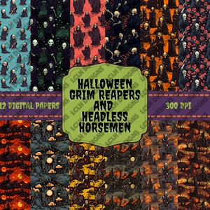 Halloween Grim Reapers and Headless Horsemen, PNG, 300 DPI, Seamless Pattern, Deluxe Digital Paper, Bundle, Digital Download