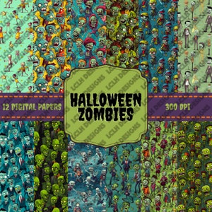 Peut inclure: Douze papiers numériques sur le thème des zombies d'Halloween. Les papiers présentent une variété de zombies verts, bleus et jaunes avec différentes expressions et poses. Le texte "Halloween Zombies" est sur une bannière blanche avec une bordure verte.