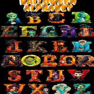 Conjunto de alfabeto de Halloween com título, sublimação, PNG, 300 DPI, professor, letras de monstro, conjunto alfa, letras ilustradas, letras de Halloween