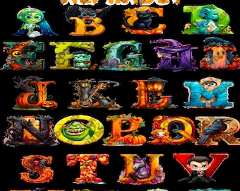 Halloween Alphabet Set With Title, Sublimation, PNG, 300 DPI, Teacher, Monster Letters, Alpha Set, Illustrated Letters, Halloween Letters