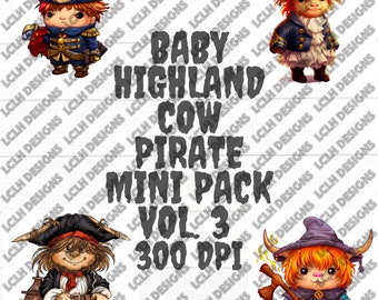 Baby Highland Cow Pirates mini pack Vol. 3, 300 DPI, PNG, Mini Bundle, Sublimation, Design, Halloween, Baby Cow Pirate, Pirates