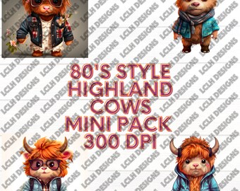 80's Style Baby Highland Cow mini pack, 300 DPI, PNG, Mini Bundle, Sublimation, Design, 80's Style Halloween Baby Cow, 80's Style Baby Cow