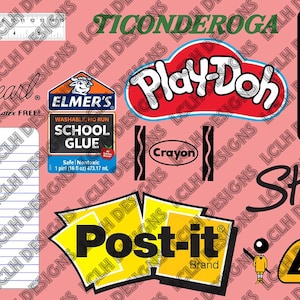 Może przedstawiać: Zbiór artykułów szkolnych, w tym różowy perłowy długopis, klej szkolny Elmer's, czerwony pojemnik Play-Doh, czarny kalkulator, żółta karteczka samoprzylepna Post-it, czarny marker Sharpie, długopis Bic i linijka.