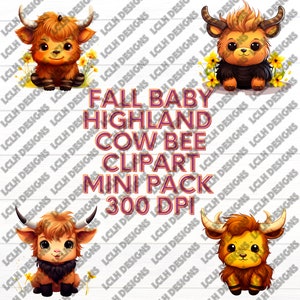 Baby Highland Cow Bee mini pack, 300 DPI, PNG, Mini Bundle, Sublimation, Design, Halloween Baby Cow Bee, Baby Cow Bees