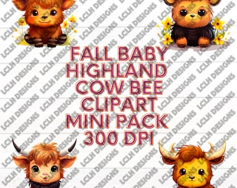 Baby Highland Cow Bee mini pack, 300 DPI, PNG, Mini Bundle, Sublimation, Design, Halloween Baby Cow Bee, Baby Cow Bees