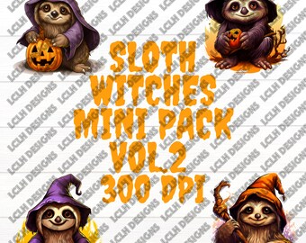 Sloth witches mini pack #2, 300 DPI, PNG, Mini Bundle,  sloths, Sublimation, Design, Halloween, sloths in witch costumes