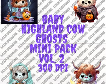 Baby Highland Cow Ghost mini pack #2, 300 DPI, PNG, Mini Bundle, Sublimation, Design, Halloween, Candy bucket, Ghost Costume, Baby Cow Ghost