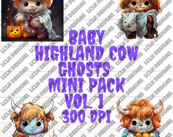Baby Highland Cow Ghost mini pack , 300 DPI, PNG, Mini Bundle, Sublimation, Design, Halloween, Candy bucket, Ghost Costume, Baby Cow Ghost