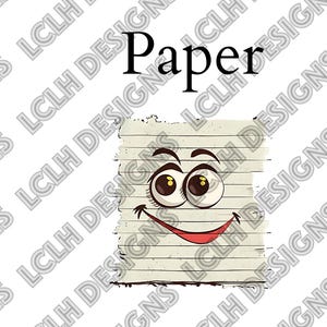 May include: A cartoon illustration of the classic game Rock, Paper, Scissors. The image shows a gray rock with a frowning face, a piece of lined paper with a smiling face, and a pair of red scissors with a surprised face.