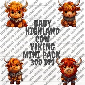 Baby Highland Cow Viking mini pack, 300 DPI, PNG, Mini Bundle, Sublimation, Design, Halloween, Baby Cow Warrior, Baby Highland Cow Viking