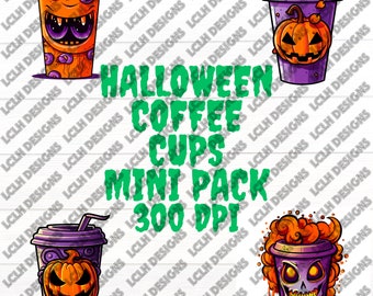 Halloween Coffee Cup Mini Bundle, 300 DPI, PNG, Mini Bundle, Sublimation, Halloween Coffee Cup, Scary Coffee Cup, Possessed Coffee Cup