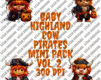 Baby Highland Cow Pirates mini pack Vol. 2, 300 DPI, PNG, Mini Bundle, Sublimation, Design, Halloween, Baby Cow Pirate, Pirates
