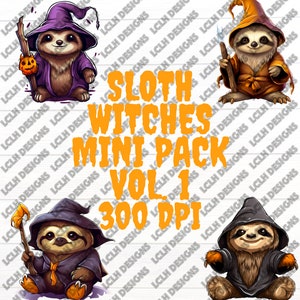 Sloth witches mini pack, 300 DPI, PNG, Mini Bundle,  sloths, Sublimation, Design, Halloween, sloths in witch costumes