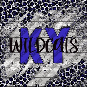 Peut inclure: Un graphique bleu et blanc avec le texte "KY Wildcats" sur un fond en bois avec un motif léopard.