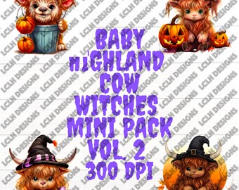 Baby Highland Cow Witches mini pack #2, 300 DPI, PNG, Mini Bundle, Cow, Sublimation, Design, Halloween, Baby Highland Cows in witch costumes