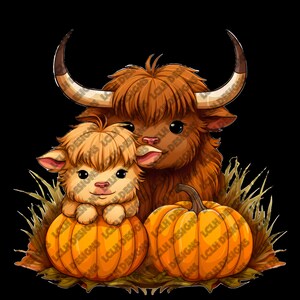 Two Halloween Baby Highland Cows with pumpkins, leaves, fall, cute, sublimation, PNG, 300 DPI, Baby Highland Cows, design
