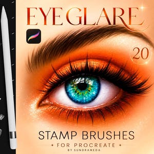 Może przedstawiać: Cyfrowy zestaw pędzli do Procreate zatytułowany EYE GLARE STAMP BRUSHES FOR PROCREATE BY SUNDRAMEDA, zawierający 20 czarno-białych ikon graficznych przedstawiających odbicia w oku, obok białego rysika i jaskrawo pomarańczowego oka.