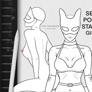 May include: Line art illustrations of three female figures in various poses, with masks and lingerie. The text "SEXY POSES STAMPS GIRLS" is displayed. The image is for Procreate.