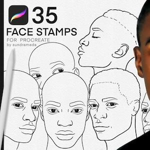 May include: A set of 35 face stamps for Procreate, featuring a variety of black and white line drawings of faces. The stamps are designed to be used for digital art and illustration.