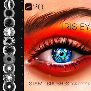 May include: A set of 20 digital stamp brushes for Procreate, featuring various iris eye designs. The brushes are black and white and are designed to be used for creating realistic eye illustrations.
