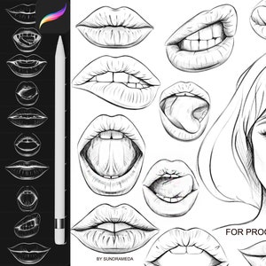 Puede incluir: Una ilustración digital de varias formas y expresiones de boca, incluyendo bocas abiertas, bocas cerradas y bocas con la lengua fuera. La ilustración está en blanco y negro y está etiquetada como "FOR PROCREATE" en la esquina inferior derecha.