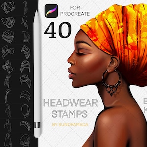 May include: A set of 40 Procreate stamps featuring various headwear styles, including hijab, bandage, kerchief, and turban. The stamps are outlined in white on a black background. The image also shows a woman wearing a bright orange turban with floral patterns.