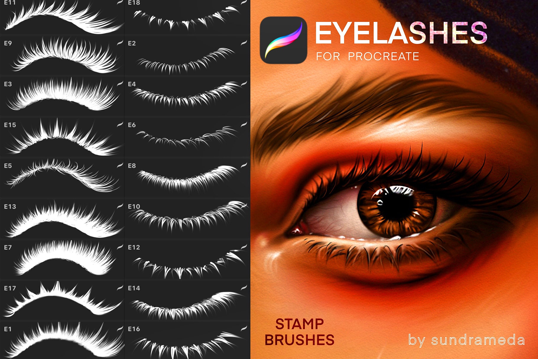Procreate Eyelash Stamp Brushes Set – 18 Upper & Lower Lash Makeup Stamps for Portraits