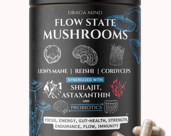 Cordyceps, Lions Mane, Reishi, Shilajit - Flow State Mushrooms Adaptogen Blend | High beta D glucan | High Cordycepin | Nootropic Blend
