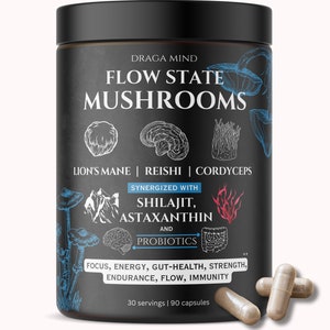 Cordyceps, Lions Mane, Reishi, Shilajit - Flow State Mushrooms Adaptogen Blend | High beta D glucan | High Cordycepin | Nootropic Blend