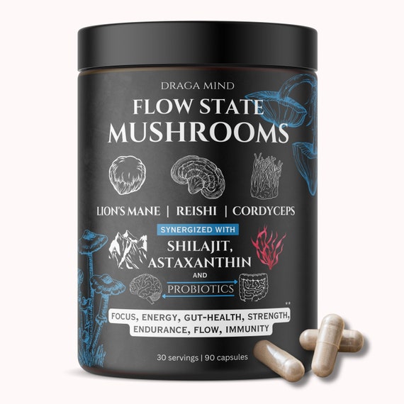 Cordyceps, Lions Mane, Reishi, Shilajit - Flow State Mushrooms Adaptogen Blend | High beta D glucan | High Cordycepin | Nootropic Blend