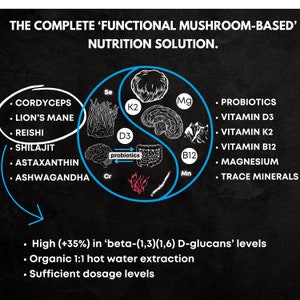 May include: A black and white illustration of a yin yang symbol with mushrooms and text describing the benefits of functional mushroom-based nutrition. The text includes "Cordyceps", "Lion's Mane", "Reishi", "Shilajit", "Astaxanthin", "Ashwagandha", "Probiotics", "Vitamin D3", "Vitamin K2", "Vitamin B12", "Magnesium", and "Trace Minerals".