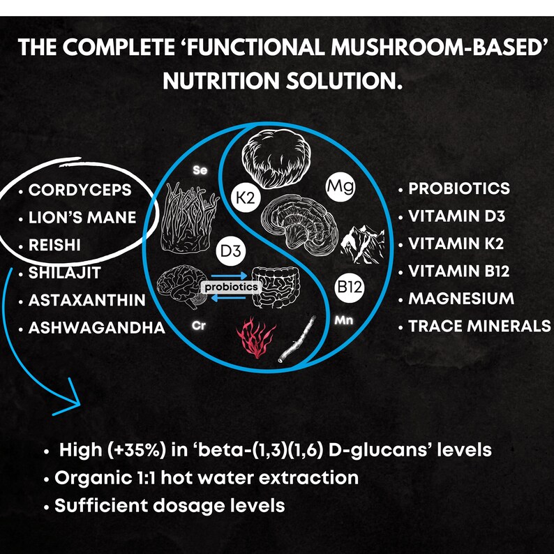 May include: A black and white illustration of a yin yang symbol with mushrooms and text describing the benefits of functional mushroom-based nutrition. The text includes "Cordyceps", "Lion's Mane", "Reishi", "Shilajit", "Astaxanthin", "Ashwagandha", "Probiotics", "Vitamin D3", "Vitamin K2", "Vitamin B12", "Magnesium", and "Trace Minerals".