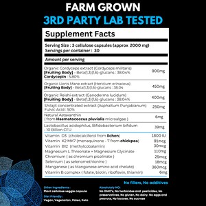 May include: Supplement facts label for a dietary supplement with a white background and black text. The label lists the ingredients and amount per serving of the supplement, including organic Cordyceps extract, organic Lion's Mane extract, organic Reishi extract, Shilajit concentrated extract, natural Astaxanthin, Lactobacillus acidophilus, Bifidobacterium bifidum, Vitamin D3, Vitamin K2 MK7, Vitamin B12, Magnesium L Threonate, Magnesium Glycinate, Chromium, Selenium, Manganese, and Vitamin B complex.
