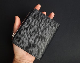 Black leather pocket wallet - Bifold card Buttero Hatch leather wallet - Pocket size wallet - Snap button wallet with coin pouch
