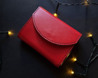 Idea de regalo de Navidad - Cartera de cuero para mujer - Cartera de cuero rojo - Cartera de tamaño pequeño para mujer - Cartera de cuero compacta - Regalo para mujer