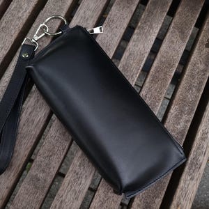 Bolso de mano de piel PEQUEÑO - Bolso de mano de piel NEGRO - Monedero de piel forrado - Cartera de mano negra con cremallera - Bolso de mano tipo tote con cierre de gancho