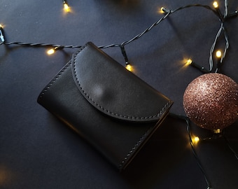 Small size leather wallet - Women's Christmas gift idea - Minimalist black wallet for women - Coin pouch - Pocket size wallet - Gift for her