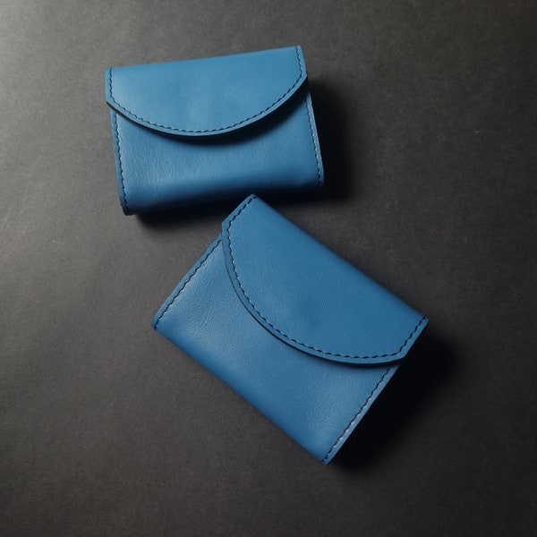 Portefeuille en cuir bleu de petite taille - Portefeuille bleu femme - Portefeuille de poche - Portefeuille bouton aimant - Petit porte-cartes - Pochette zippée pour pièce de monnaie