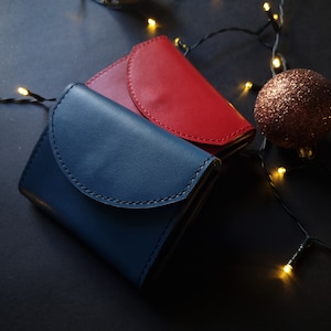 Idea de regalo de Navidad - Cartera de cuero para mujer - Cartera de cuero azul - Cartera de tamaño pequeño para mujer - Cartera de cuero compacta - Regalo para mujer