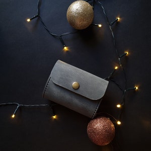 Weihnachte Geschenk Idee für Sie - Voluminöses Crazy Horse Portemonnaie - Damen Leder Geldbörse - Weihnachtsgeschenk - Graues Kartenetui - Geschenk für Frauen