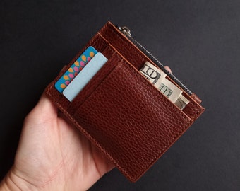 Compact pocket wallet, Vegetable tanned leather wallet, Buttero Dollaro leather card holder, Coin pouch, Zipper pouch for coins, Cash wallet