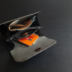 Kleines Damen Leder Portemonnaie - Unisex Crazy Horse Portemonnaie - Snap Portemonnaie für Frauen - Portemonnaie mit Münzfach - Washed Denim Portemonnaie